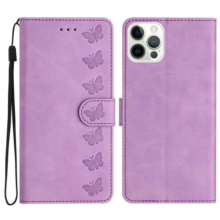 For iPhone 16 Pro Max Case Wrist Strap Card Holder Slots Butterfly Imprinted PU Leather Phone Cover