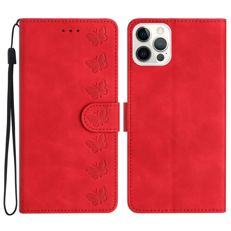 For iPhone 16 Pro Max Case Wrist Strap Card Holder Slots Butterfly Imprinted PU Leather Phone Cover