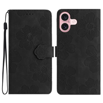 For iPhone 16 Plus Case Leather Phone Cover Card Holders Flower Imprinted