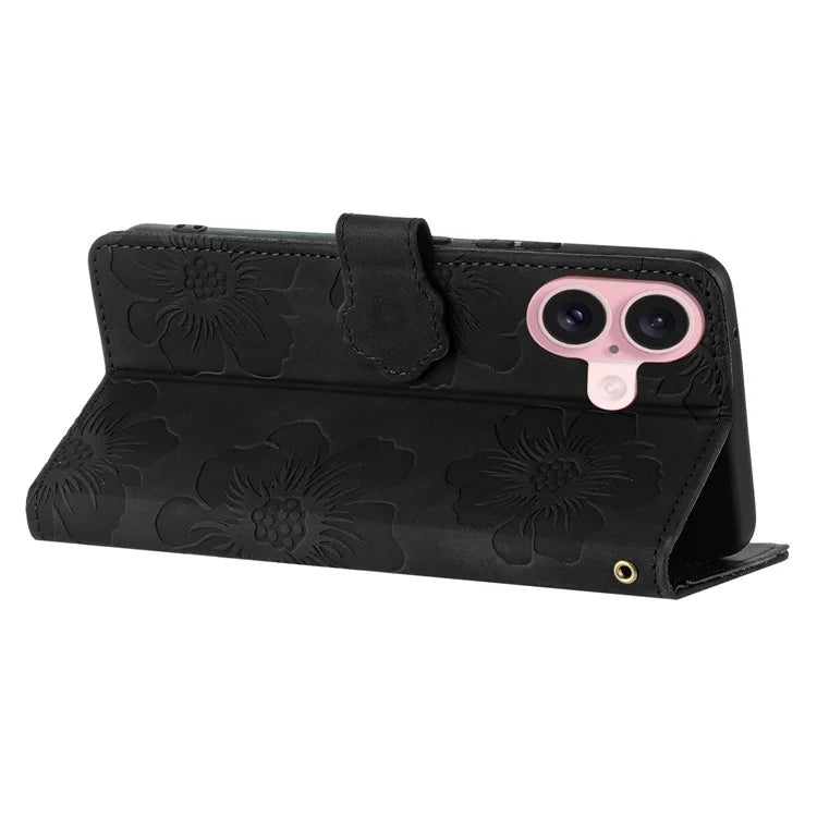 For iPhone 16 Plus Case Leather Phone Cover Card Holders Flower Imprinted