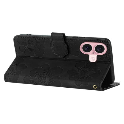 For iPhone 16 Plus Case Leather Phone Cover Card Holders Flower Imprinted