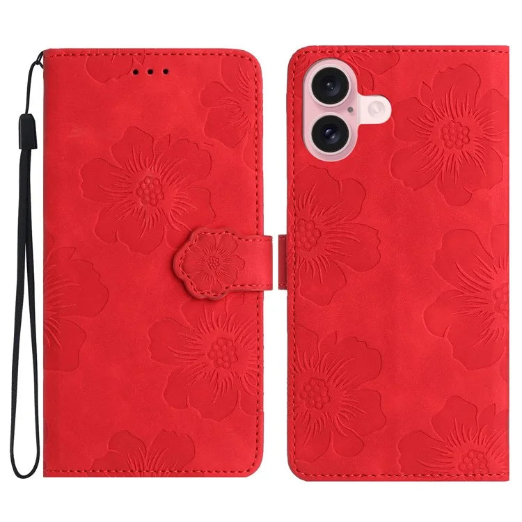 For iPhone 16 Plus Case Leather Phone Cover Card Holders Flower Imprinted