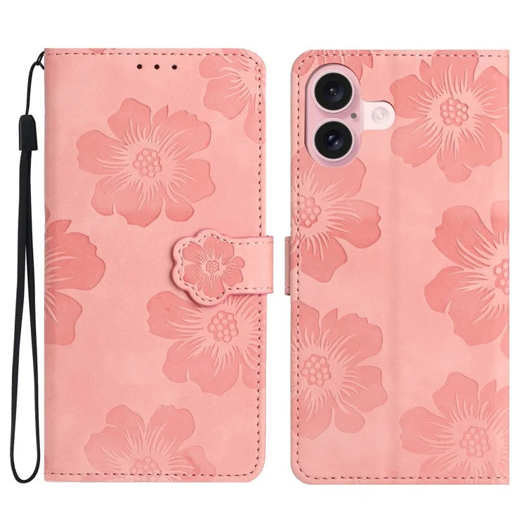For iPhone 16 Plus Case Leather Phone Cover Card Holders Flower Imprinted