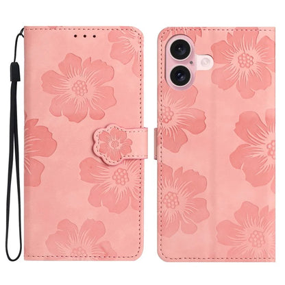For iPhone 16 Plus Case Leather Phone Cover Card Holders Flower Imprinted