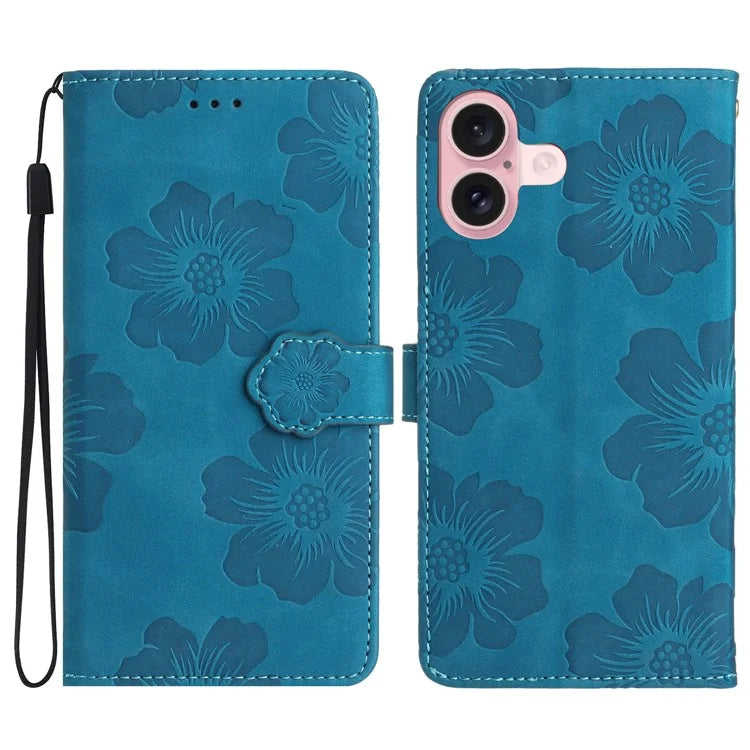 For iPhone 16 Plus Case Leather Phone Cover Card Holders Flower Imprinted