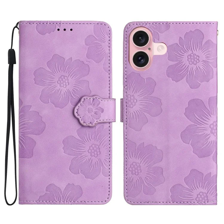 For iPhone 16 Plus Case Leather Phone Cover Card Holders Flower Imprinted