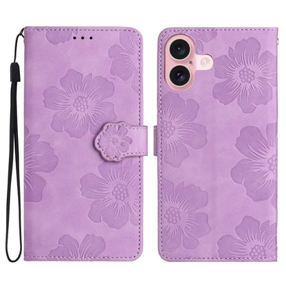 For iPhone 16 Plus Case Leather Phone Cover Card Holders Flower Imprinted