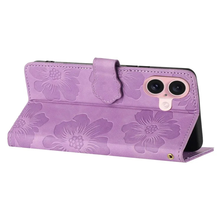 For iPhone 16 Plus Case Leather Phone Cover Card Holders Flower Imprinted