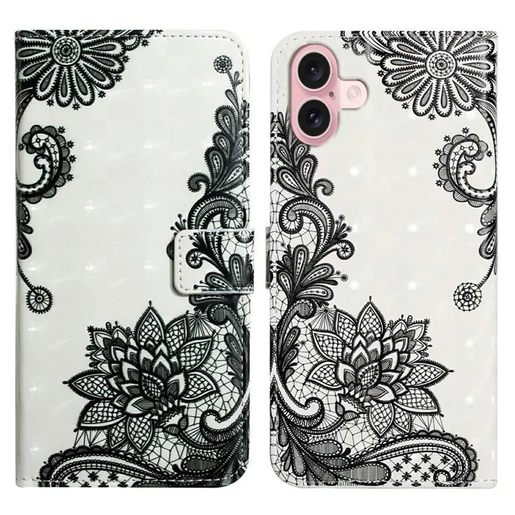 For iPhone 16 Case 3D Creative Pattern PU Leather Stand Phone Cover