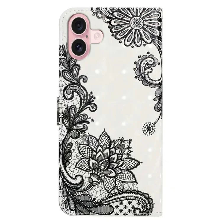 For iPhone 16 Case 3D Creative Pattern PU Leather Stand Phone Cover