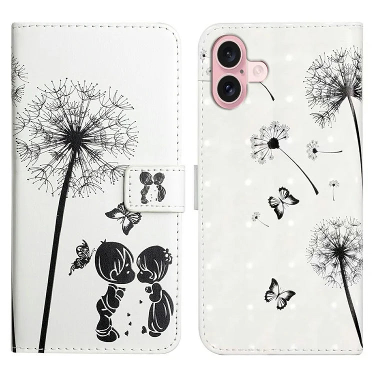 For iPhone 16 Case 3D Creative Pattern PU Leather Stand Phone Cover