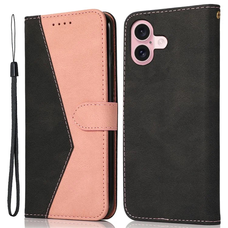 For iPhone 16 Case Stand Flip Leather Splicing Color Phone Cover
