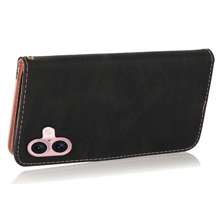 For iPhone 16 Case Stand Flip Leather Splicing Color Phone Cover