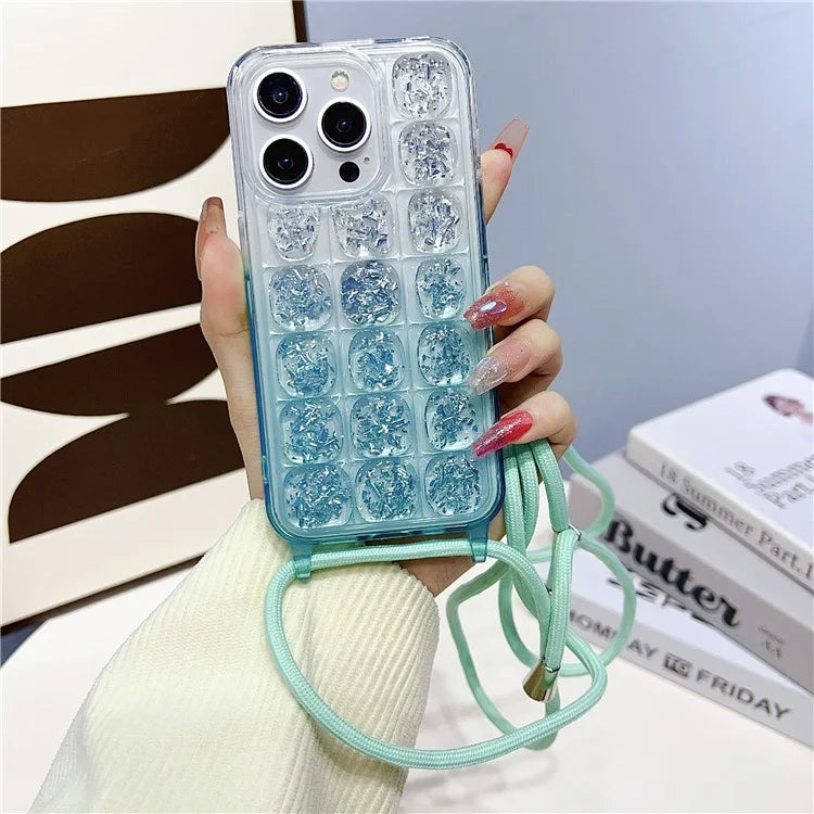 For iPhone 15 Pro Case Epoxy Design Gradient TPU Phone Cover Lanyard Strap