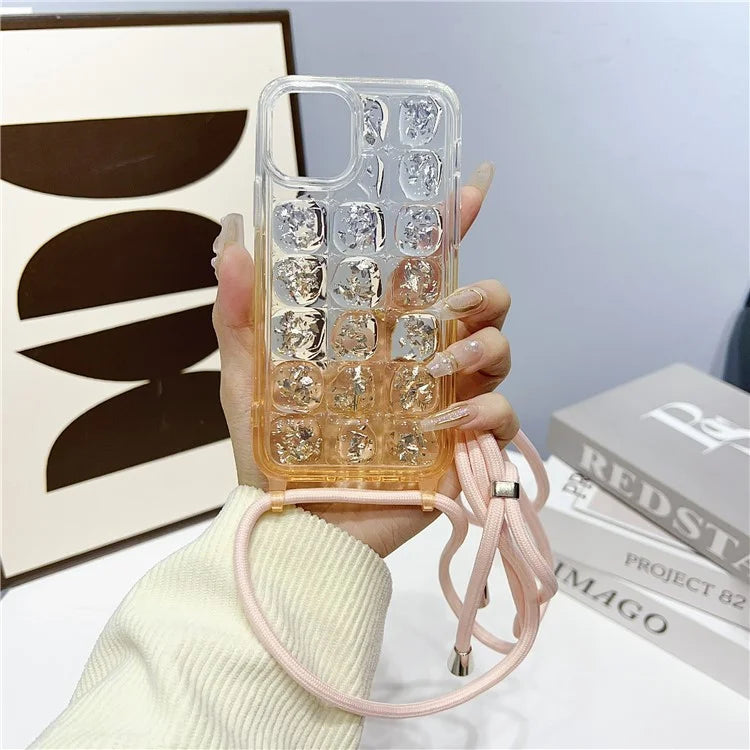 For iPhone 15 Pro Case Epoxy Design Gradient TPU Phone Cover Lanyard Strap