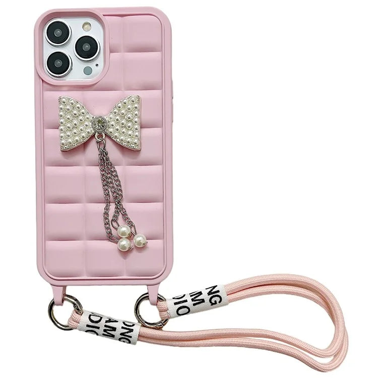 For iPhone 14 Pro Case with Wrist Strap Soft TPU Phone Cover 3D Grid Design