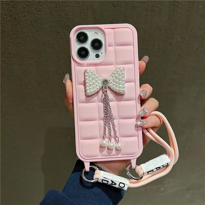 For iPhone 14 Pro Case with Wrist Strap Soft TPU Phone Cover 3D Grid Design