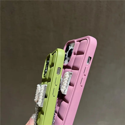 For iPhone 14 Pro Case with Wrist Strap Soft TPU Phone Cover 3D Grid Design