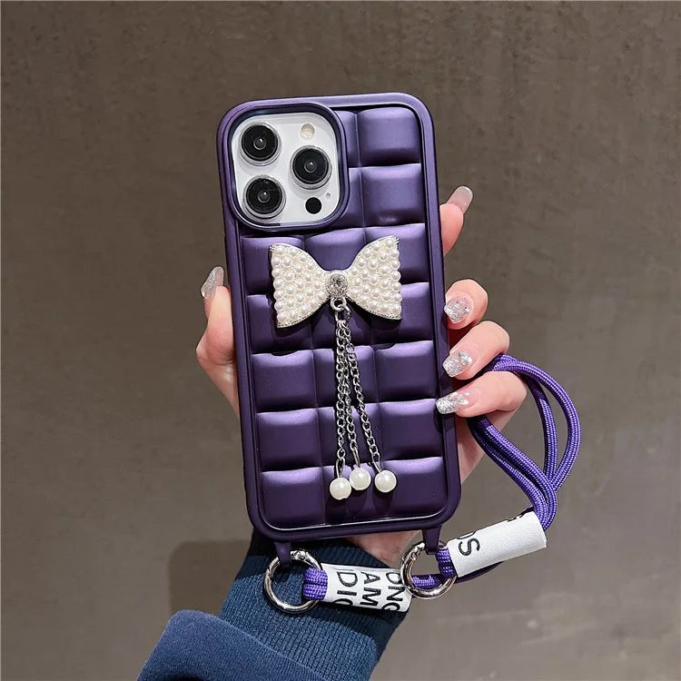 For iPhone 14 Pro Case with Wrist Strap Soft TPU Phone Cover 3D Grid Design