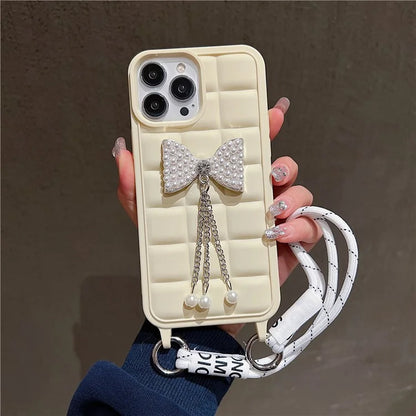 For iPhone 14 Pro Case with Wrist Strap Soft TPU Phone Cover 3D Grid Design