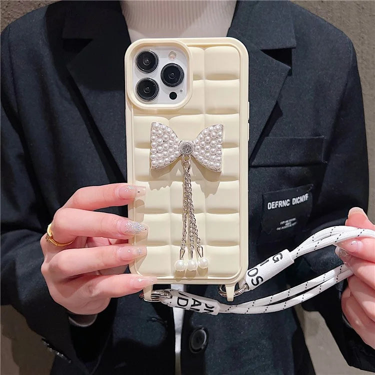 For iPhone 14 Pro Case with Wrist Strap Soft TPU Phone Cover 3D Grid Design