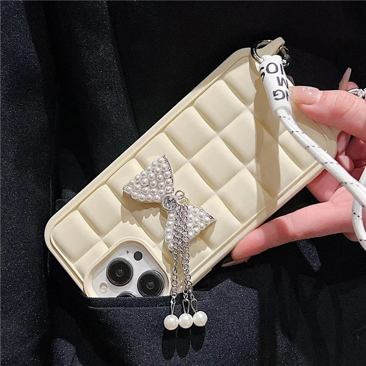 For iPhone 14 Pro Case with Wrist Strap Soft TPU Phone Cover 3D Grid Design