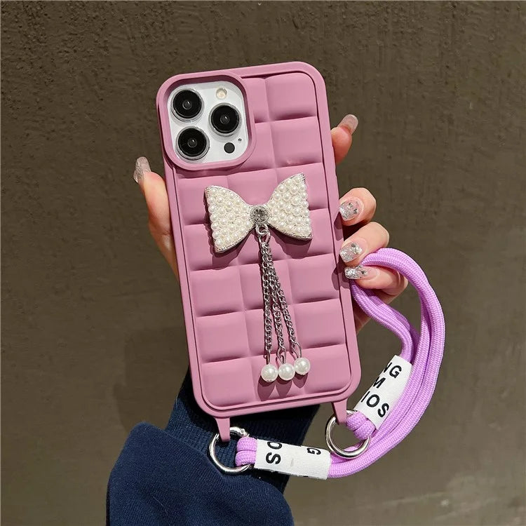 For iPhone 14 Pro Case with Wrist Strap Soft TPU Phone Cover 3D Grid Design