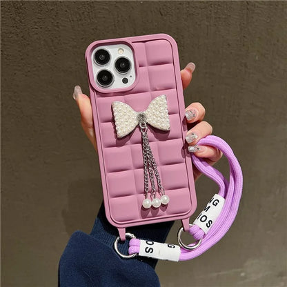 For iPhone 14 Pro Case with Wrist Strap Soft TPU Phone Cover 3D Grid Design