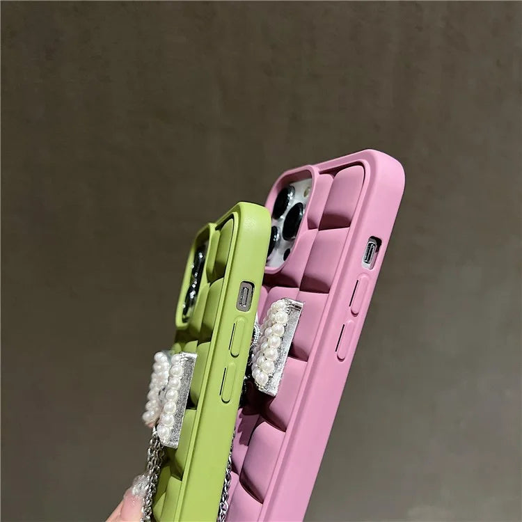 For iPhone 14 Pro Case with Wrist Strap Soft TPU Phone Cover 3D Grid Design