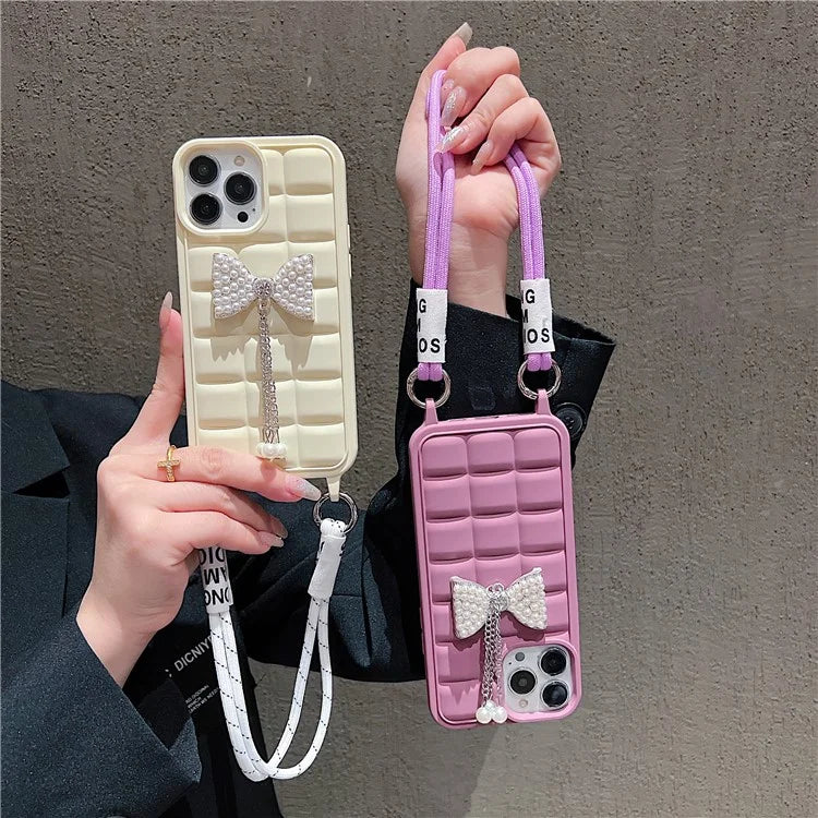 For iPhone 14 Pro Case with Wrist Strap Soft TPU Phone Cover 3D Grid Design
