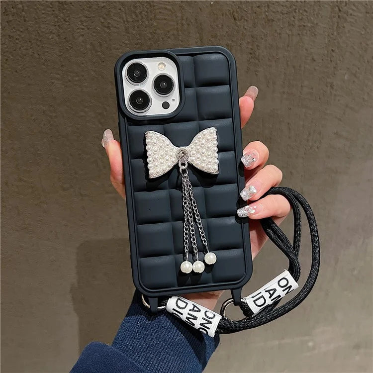 For iPhone 14 Pro Case with Wrist Strap Soft TPU Phone Cover 3D Grid Design