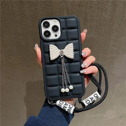 For iPhone 14 Pro Case with Wrist Strap Soft TPU Phone Cover 3D Grid Design