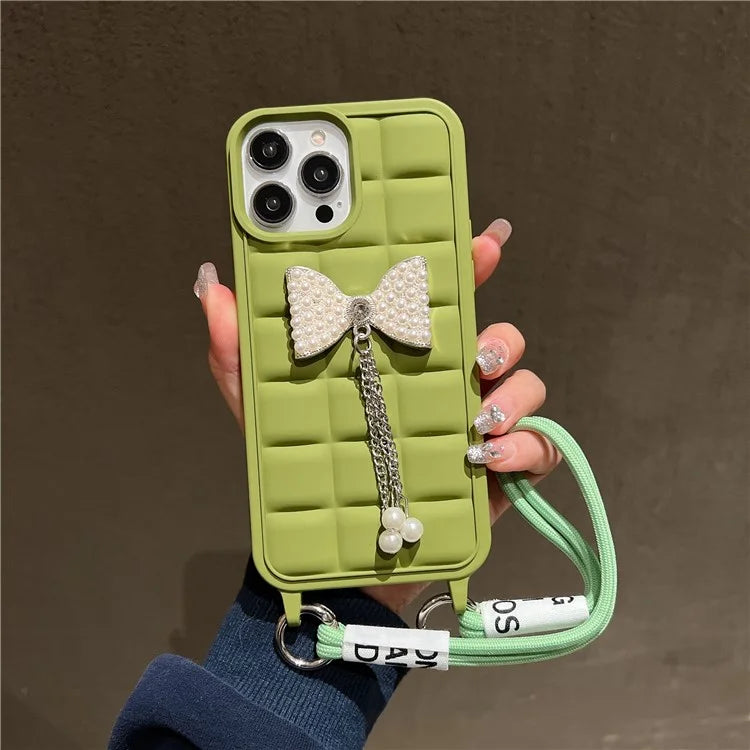 For iPhone 14 Pro Case with Wrist Strap Soft TPU Phone Cover 3D Grid Design