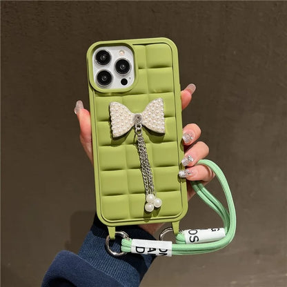 For iPhone 14 Pro Case with Wrist Strap Soft TPU Phone Cover 3D Grid Design