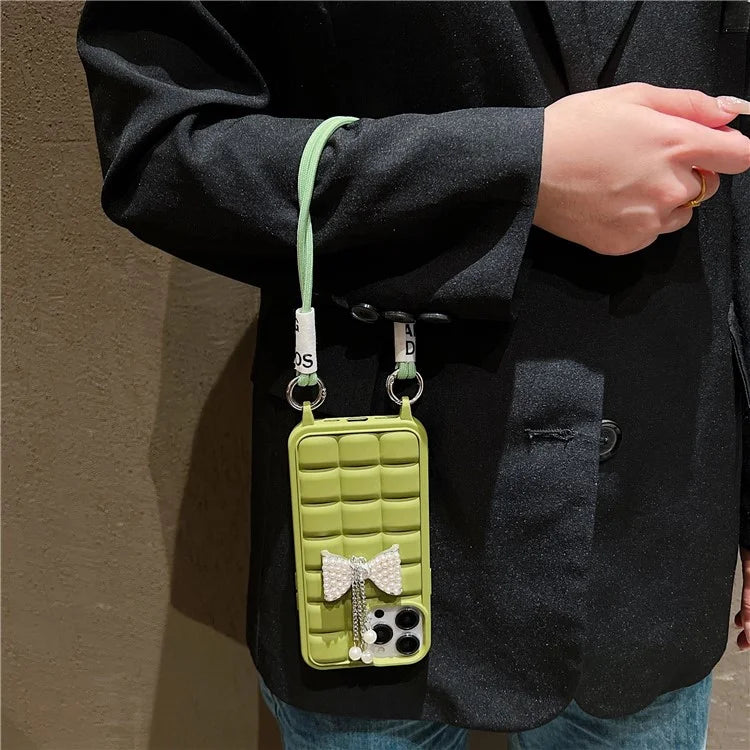 For iPhone 14 Pro Case with Wrist Strap Soft TPU Phone Cover 3D Grid Design
