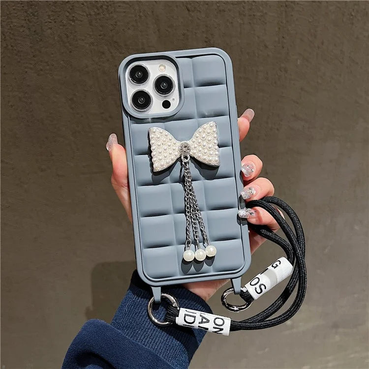For iPhone 14 Pro Case with Wrist Strap Soft TPU Phone Cover 3D Grid Design