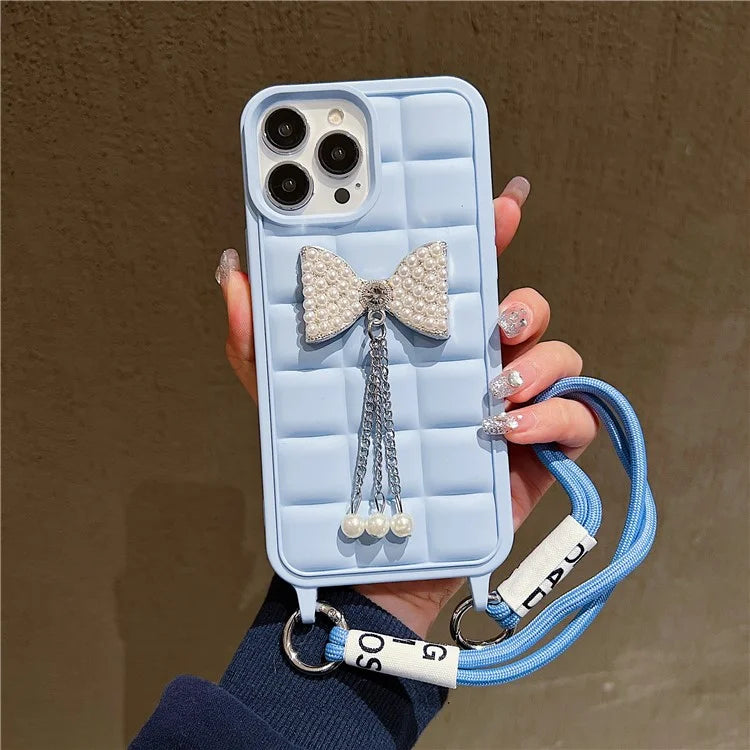For iPhone 14 Pro Case with Wrist Strap Soft TPU Phone Cover 3D Grid Design