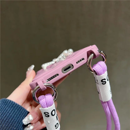 For iPhone 14 Pro Case with Wrist Strap Soft TPU Phone Cover 3D Grid Design