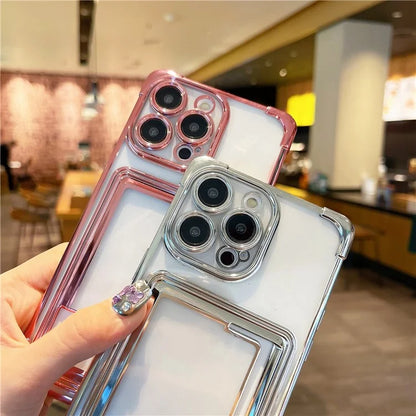 For iPhone 14 Pro Case Electroplating TPU Phone Cover Push-Able Card Slot