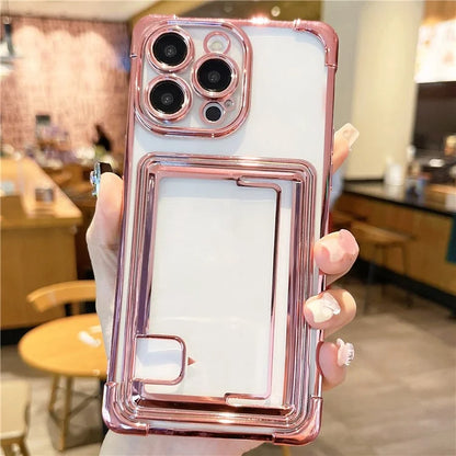 For iPhone 14 Pro Case Electroplating TPU Phone Cover Push-Able Card Slot