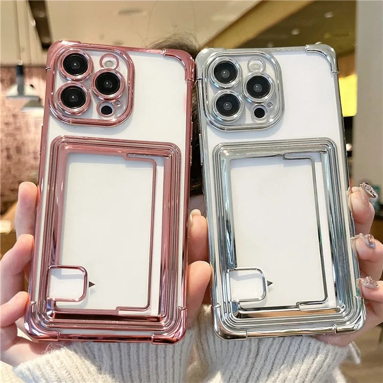 For iPhone 13 Pro Case Push-Able Card Slot Electroplating TPU Protective Cover
