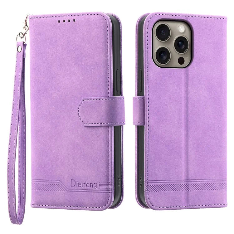 DIERFENG DF-03 For iPhone 16 Pro Max Wallet Case Anti-Drop Lines Imprinted Phone Cover