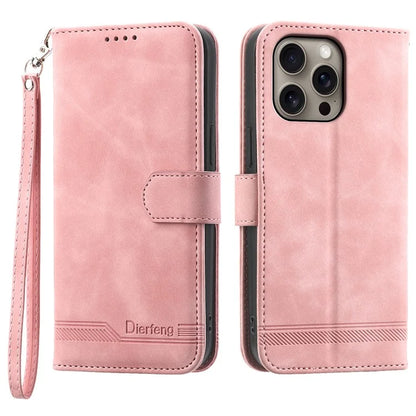 DIERFENG DF-03 For iPhone 16 Pro Max Wallet Case Anti-Drop Lines Imprinted Phone Cover