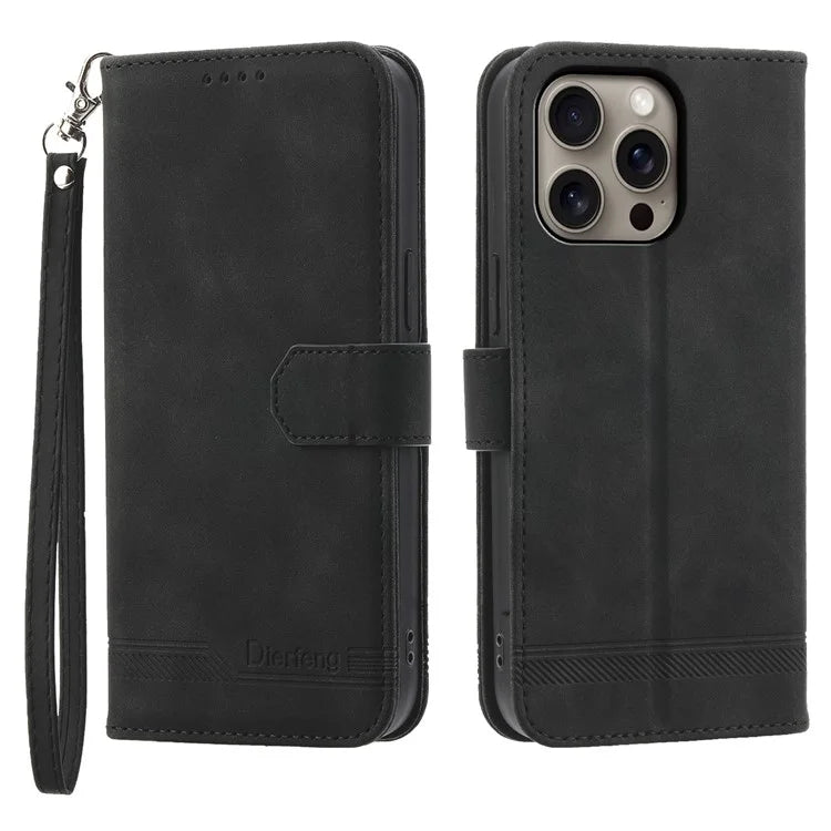 DIERFENG DF-03 For iPhone 16 Pro Max Wallet Case Anti-Drop Lines Imprinted Phone Cover