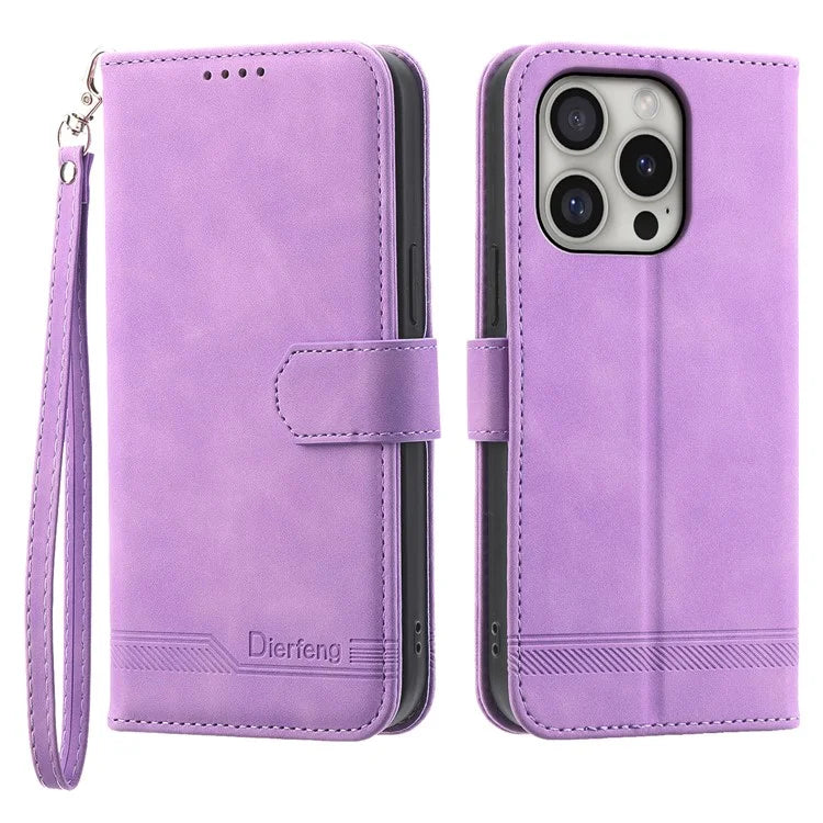 DIERFENG DF-03 For iPhone 16 Pro Leather Case Lines Imprinted Wallet Phone Cover