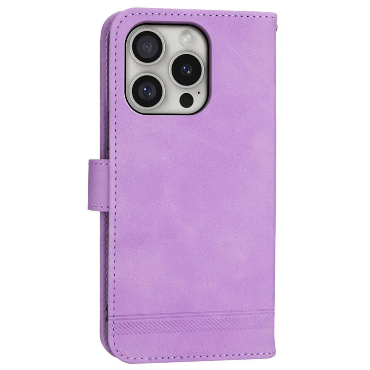 DIERFENG DF-03 For iPhone 16 Pro Leather Case Lines Imprinted Wallet Phone Cover