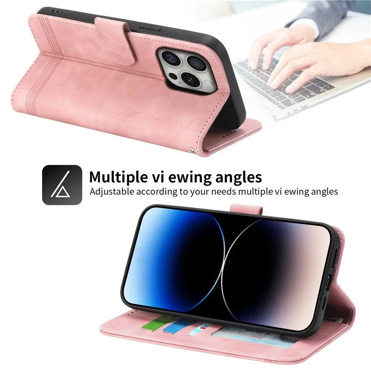DIERFENG DF-03 For iPhone 16 Pro Leather Case Lines Imprinted Wallet Phone Cover