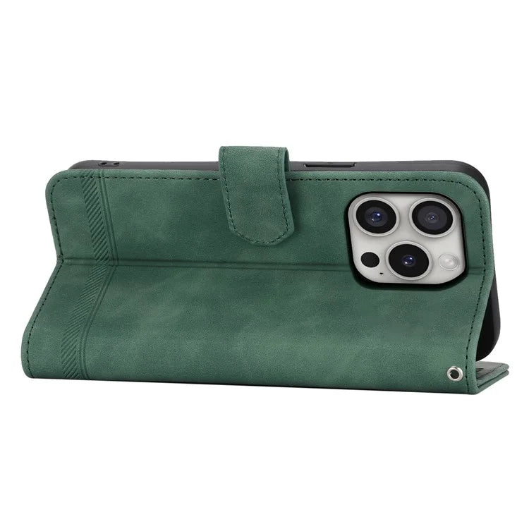 DIERFENG DF-03 For iPhone 16 Pro Leather Case Lines Imprinted Wallet Phone Cover