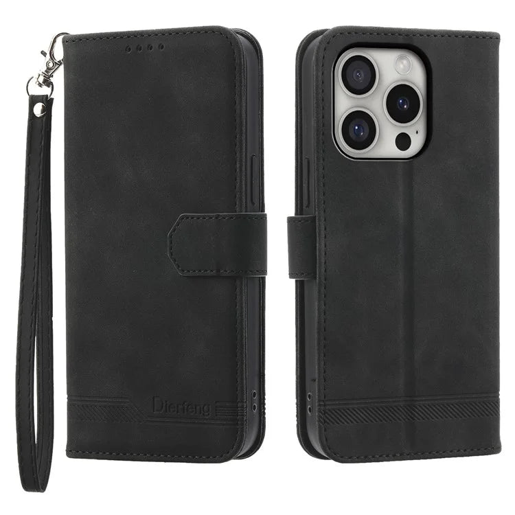 DIERFENG DF-03 For iPhone 16 Pro Leather Case Lines Imprinted Wallet Phone Cover