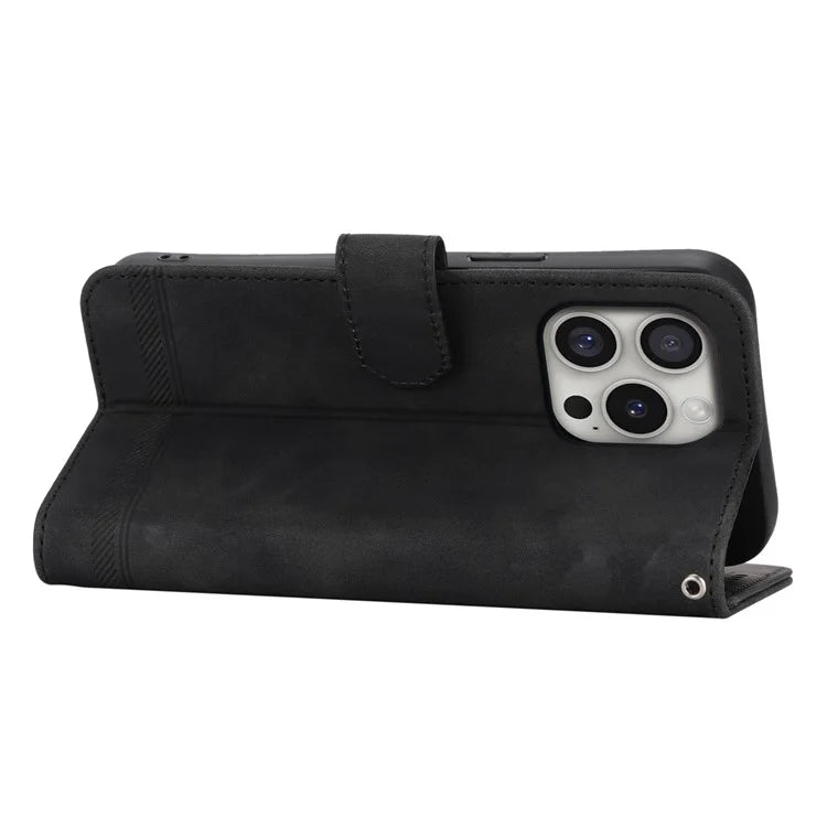 DIERFENG DF-03 For iPhone 16 Pro Leather Case Lines Imprinted Wallet Phone Cover